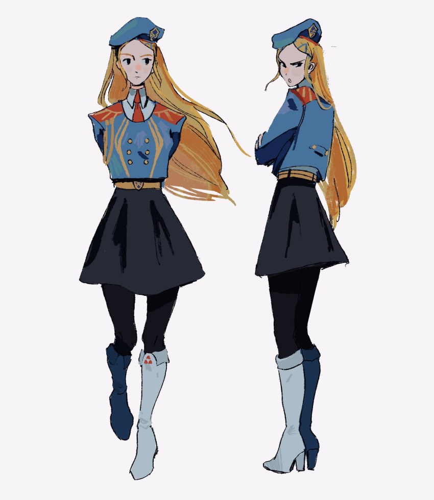 1girl, beret, bigskycastle, black_skirt, blonde_hair, blue_headwear, blue_shirt, boots