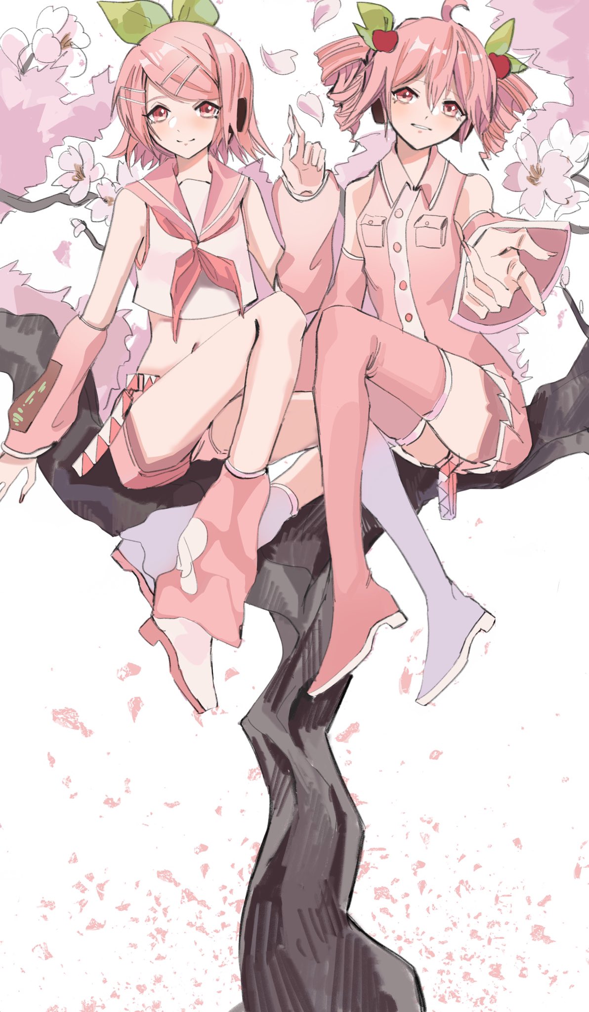 2girls, ahoge, arm_warmers, bangs, bare_shoulders, belt, bow, cherry_blossoms