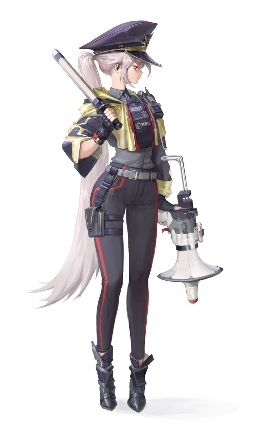1girl, absurdres, baton, black_headwear, black_pants, blue_neckwear, brown_eyes, bulletproof_vest