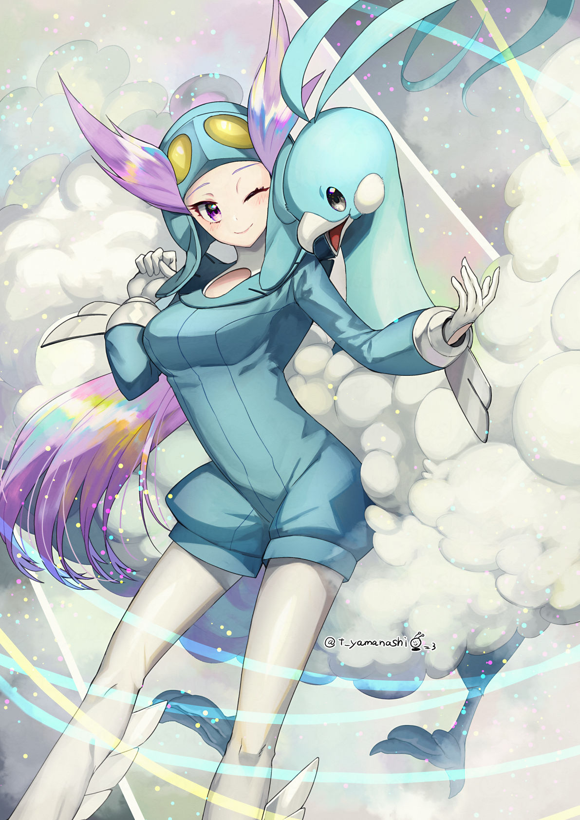 1girl, altaria, artist_name, blush, breasts, closed_mouth, commentary_request, eyelashes, gen_3_pokemon, gloves, gym_leader, helmet, highres, knees, long_hair, one_eye_closed, pokemon, pokemon_(creature), pokemon_(game), pokemon_oras, purple_hair, shiny, shiny_hair, smile, violet_eyes, white_gloves, winona_(pokemon), yamanashi_taiki