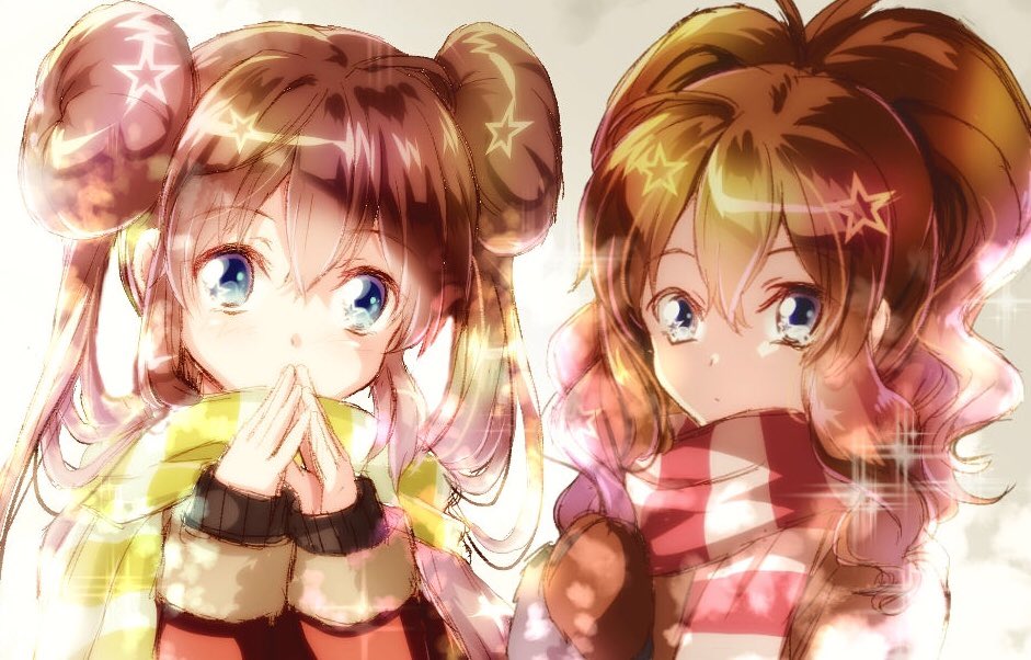 2girls, alternate_costume, bangs, blue_eyes, brown_hair, brown_mittens, closed_mouth, commentary_request