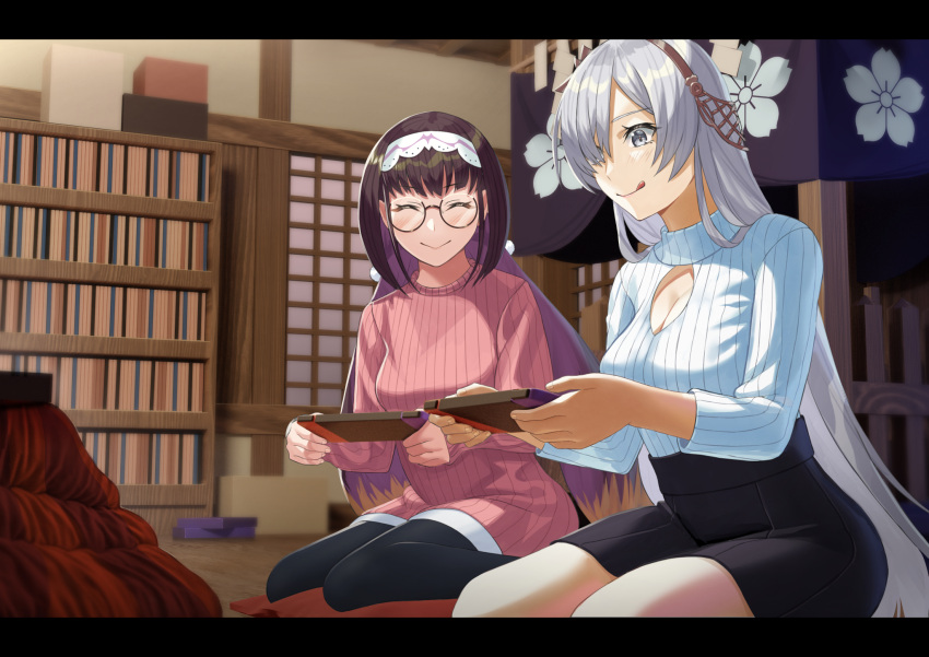 2girls, anastasia_(fate), beppu_mitsunaka, bookshelf, brown_hair, cleavage_cutout, closed_eyes, clothing_cutout