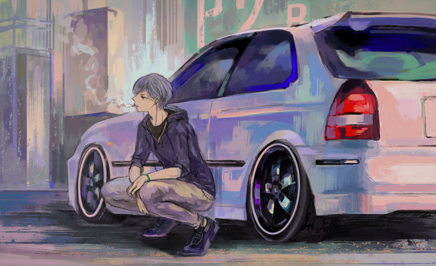 1boy, blue_hoodie, bracelet, brown_eyes, car, cigarette, grey_hair, grey_pants