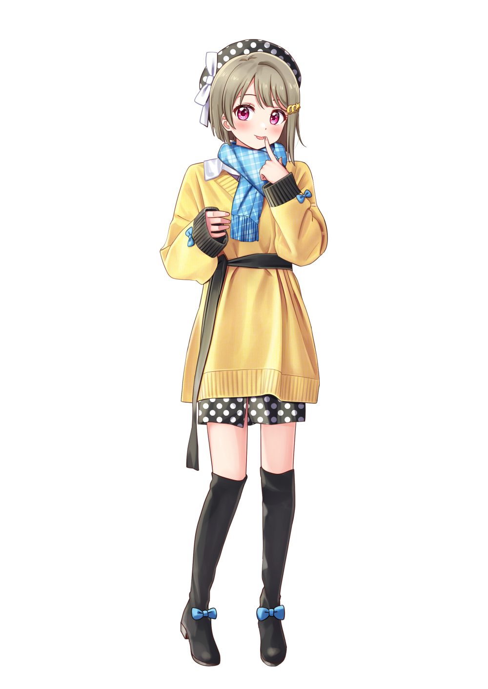 1girl, :p, bangs, black_footwear, black_headwear, black_legwear, blue_scarf, blush
