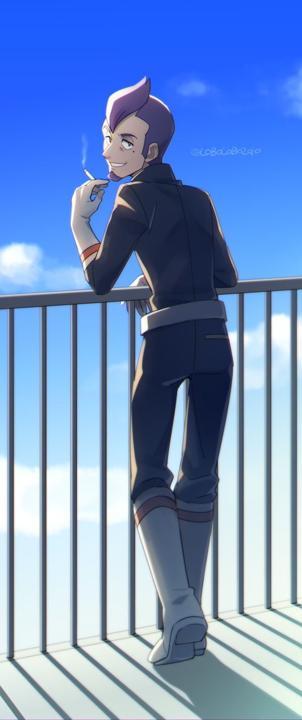 1boy, against_fence, artist_name, belt, black_jacket, black_pants, cigarette, clouds