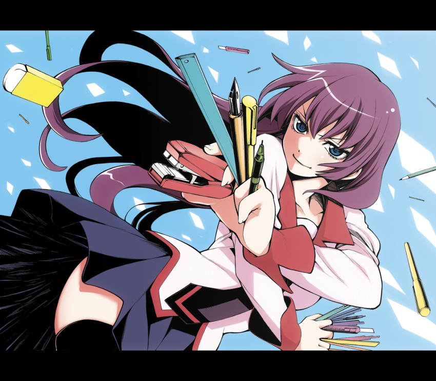 black_legwear, black_thighhighs, blue_eyes, boxcutter, eraser, face, g-pen, highres