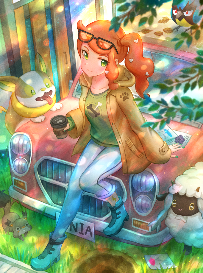 1girl, arm_support, boots, buttons, car, closed_mouth, commentary, cup, day, disposable_cup, door, eyelashes, eyewear_on_head, gen_8_pokemon, grass, green_eyes, green_footwear, green_nails, green_shirt, ground_vehicle, hair_ornament, heart, heart_hair_ornament, holding, holding_cup, kutsunohito, light_beam, long_hair, long_sleeves, motor_vehicle, nail_polish, open_clothes, orange_hair, outdoors, pants, paper, pokemon, pokemon_(creature), pokemon_(game), pokemon_swsh, rookidee, shirt, side_ponytail, sitting, skwovet, sonia_(pokemon), sunglasses, wooloo, yamper