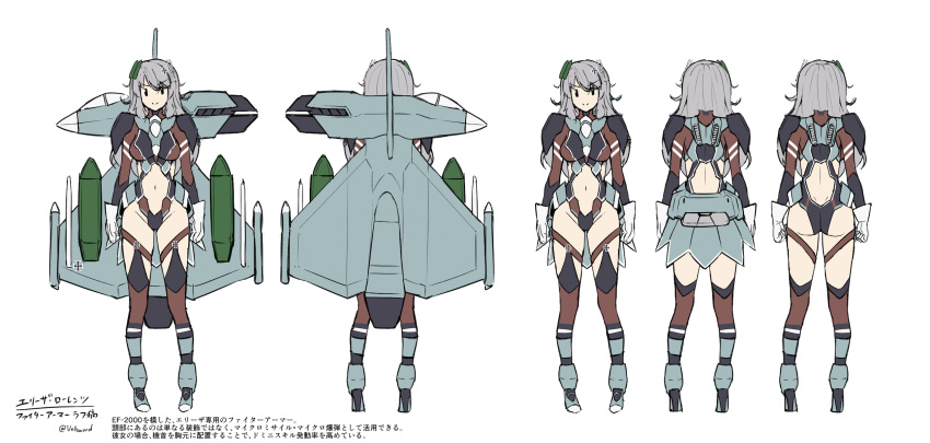 1girl, aircraft, airplane, ass, bangs, black_eyes, breasts, clenched_hand, clothing_cutout, eurofighter_typhoon, eyebrows_visible_through_hair, fighter_jet, gloves, grey_hair, grey_skirt, highres, i.takashi, iron_cross, jet, leotard, long_hair, mecha_musume, medium_breasts, midriff, military, military_vehicle, multiple_views, navel, original, personification, sketch, skirt, stomach_cutout, thigh-highs, v-shaped_eyebrows, white_background, white_gloves