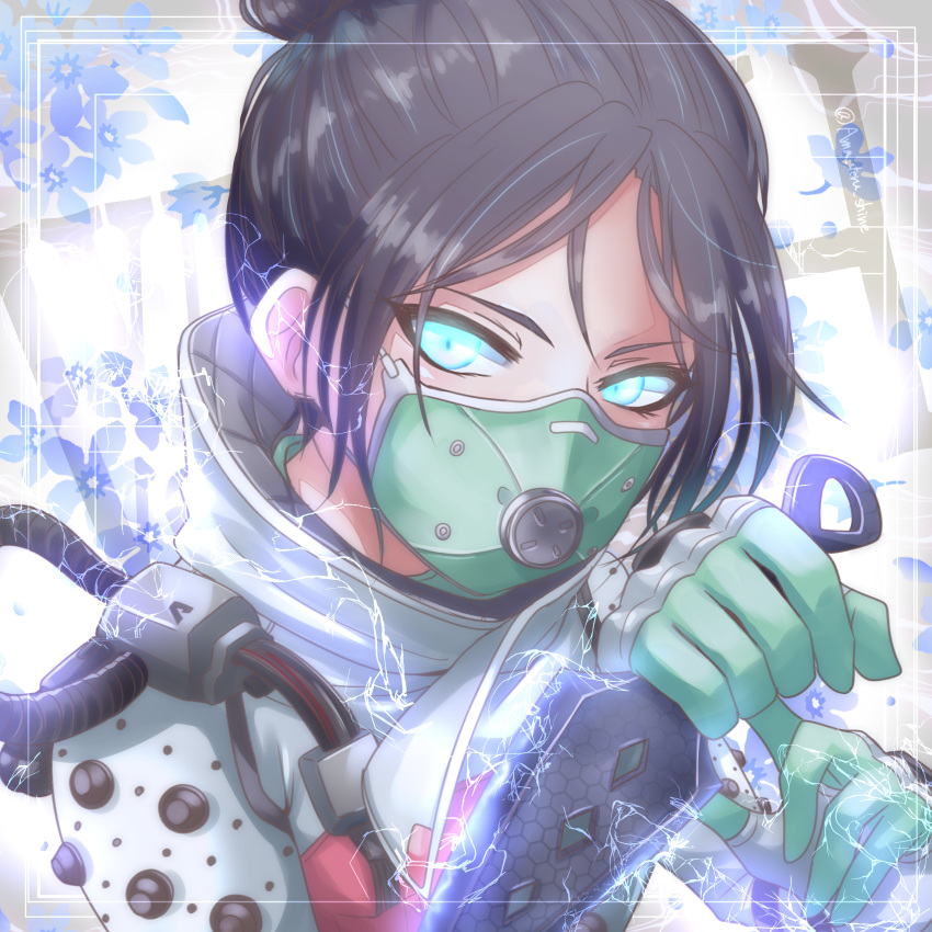 1girl, absurdres, apex_legends, bangs, black_hair, blue_eyes, blue_flower, bodysuit