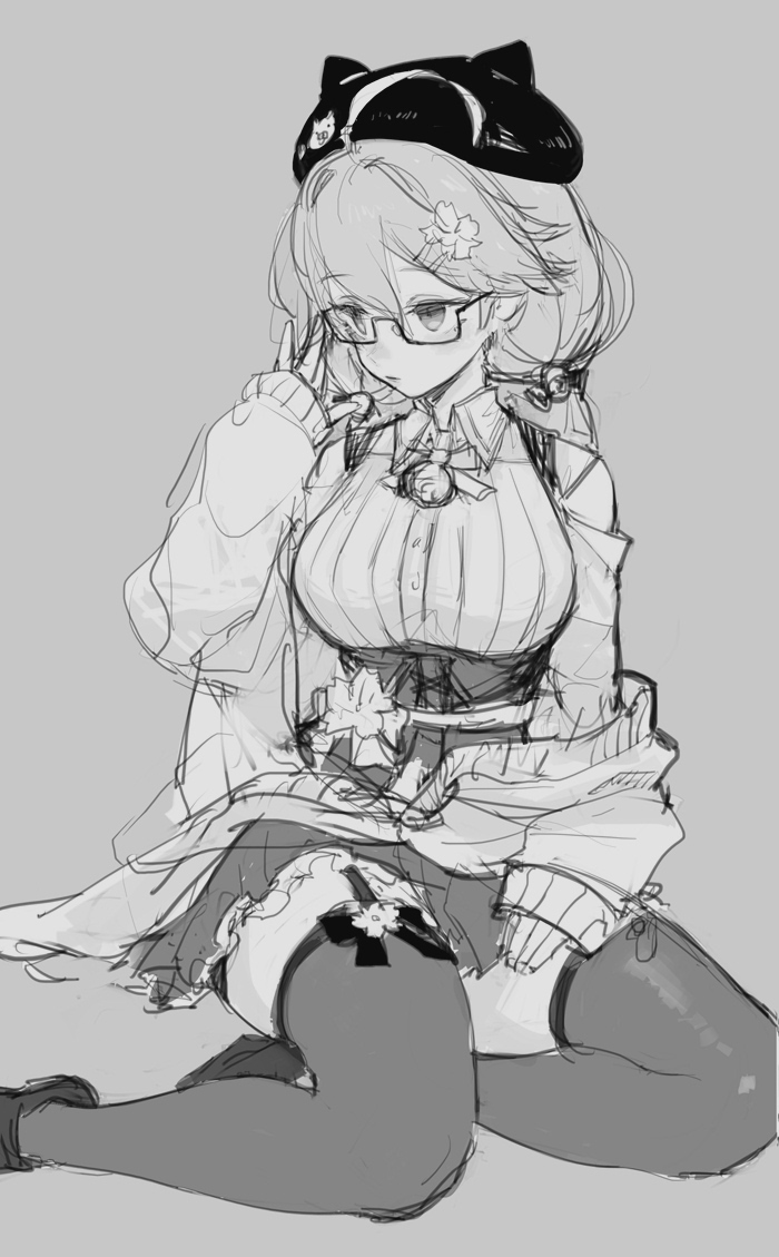 1girl, adjusting_eyewear, ahoge, beret, breasts, cardigan, closed_mouth, collared_shirt, commentary, eyebrows_visible_through_hair, flower, garter_straps, glasses, grey_background, greyscale, hair_between_eyes, hair_flower, hair_ornament, hat, high-waist_skirt, hololive, large_breasts, lips, long_sleeves, medium_hair, miniskirt, monochrome, off_shoulder, official_alternate_costume, ribbed_shirt, sakura_miko, sangan_35p, shirt, simple_background, sitting, sketch, skirt, solo, thigh-highs, thighs, twintails, virtual_youtuber, wing_collar, work_in_progress, yokozuwari