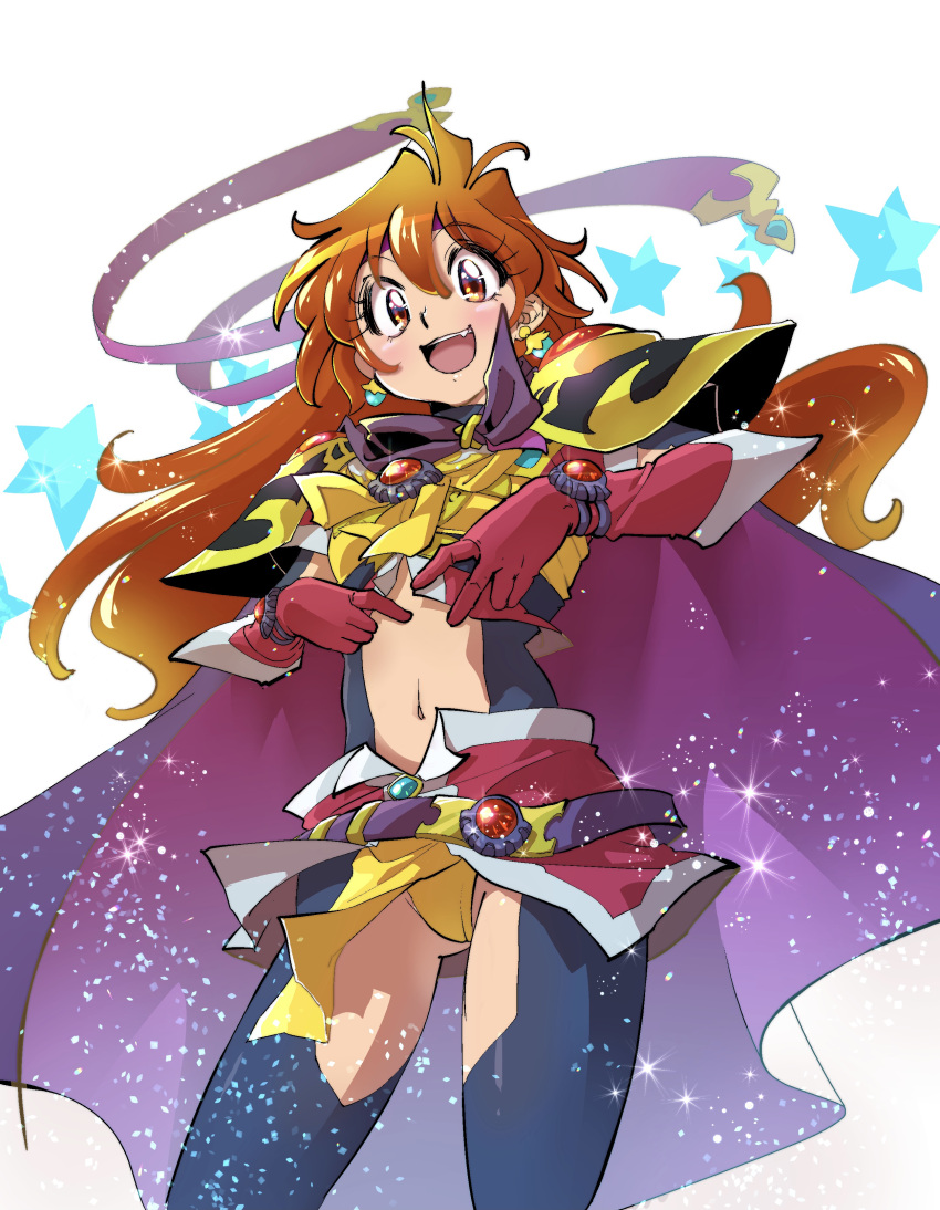 1girl, :d, absurdres, alternate_costume, armor, black_legwear, blush, brooch, cape, cowboy_shot, earrings, gloves, highres, ichi_orgin, jewelry, legs_apart, lina_inverse, long_hair, looking_at_viewer, navel, open_mouth, orange_hair, panties, pauldrons, pink_gloves, pink_skirt, red_eyes, shoulder_armor, simple_background, skirt, slayers, smile, solo, standing, star_(symbol), thigh-highs, underwear, upskirt, white_background, yellow_panties