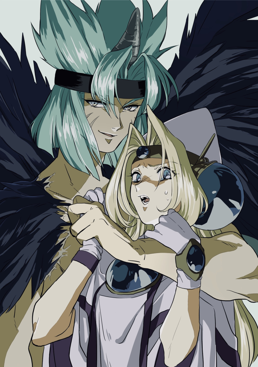 1boy, 1girl, aqua_hair, bangs, black_headband, black_wings, blonde_hair, blue_eyes