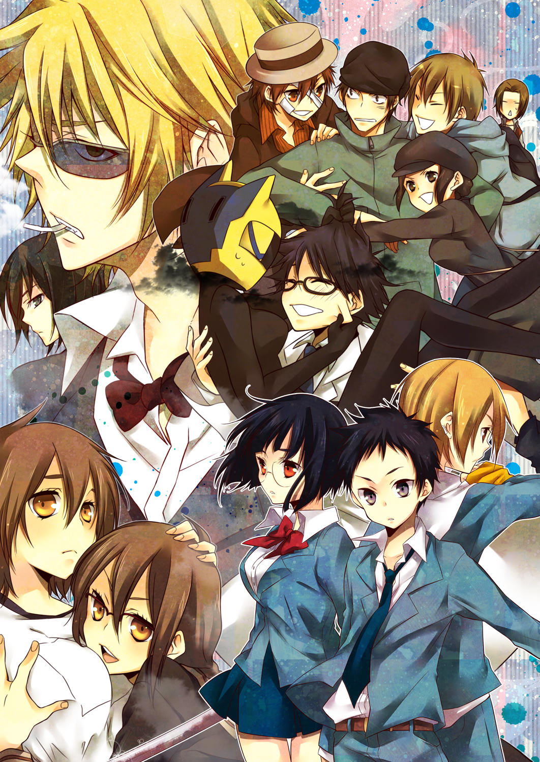 bad_id, bag, bandage, bandages, black_hair, blonde_hair, blue_eyes, bob_cut