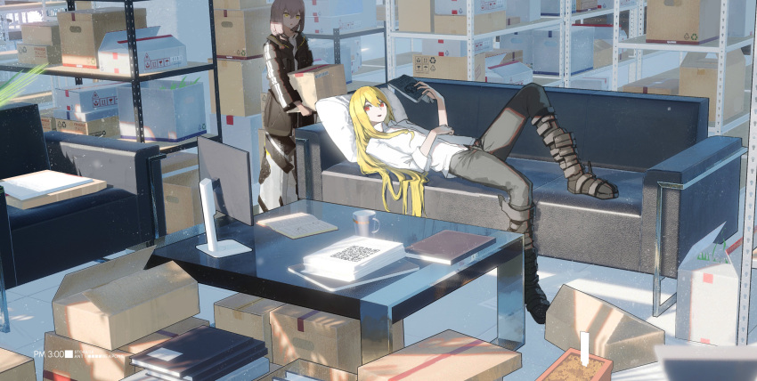 1girl, absurdres, arrow_(symbol), asteroid_ill, barcode, black_legwear, blonde_hair, book