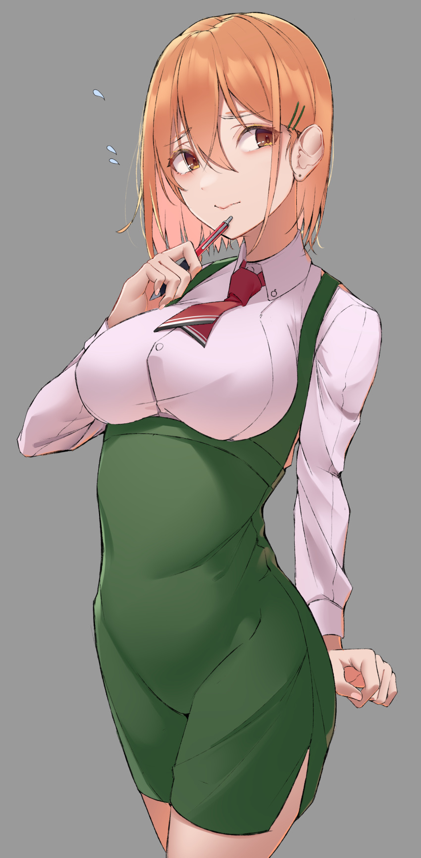 1girl, absurdres, apron, bangs, breasts, brown_eyes, closed_mouth, ear_piercing