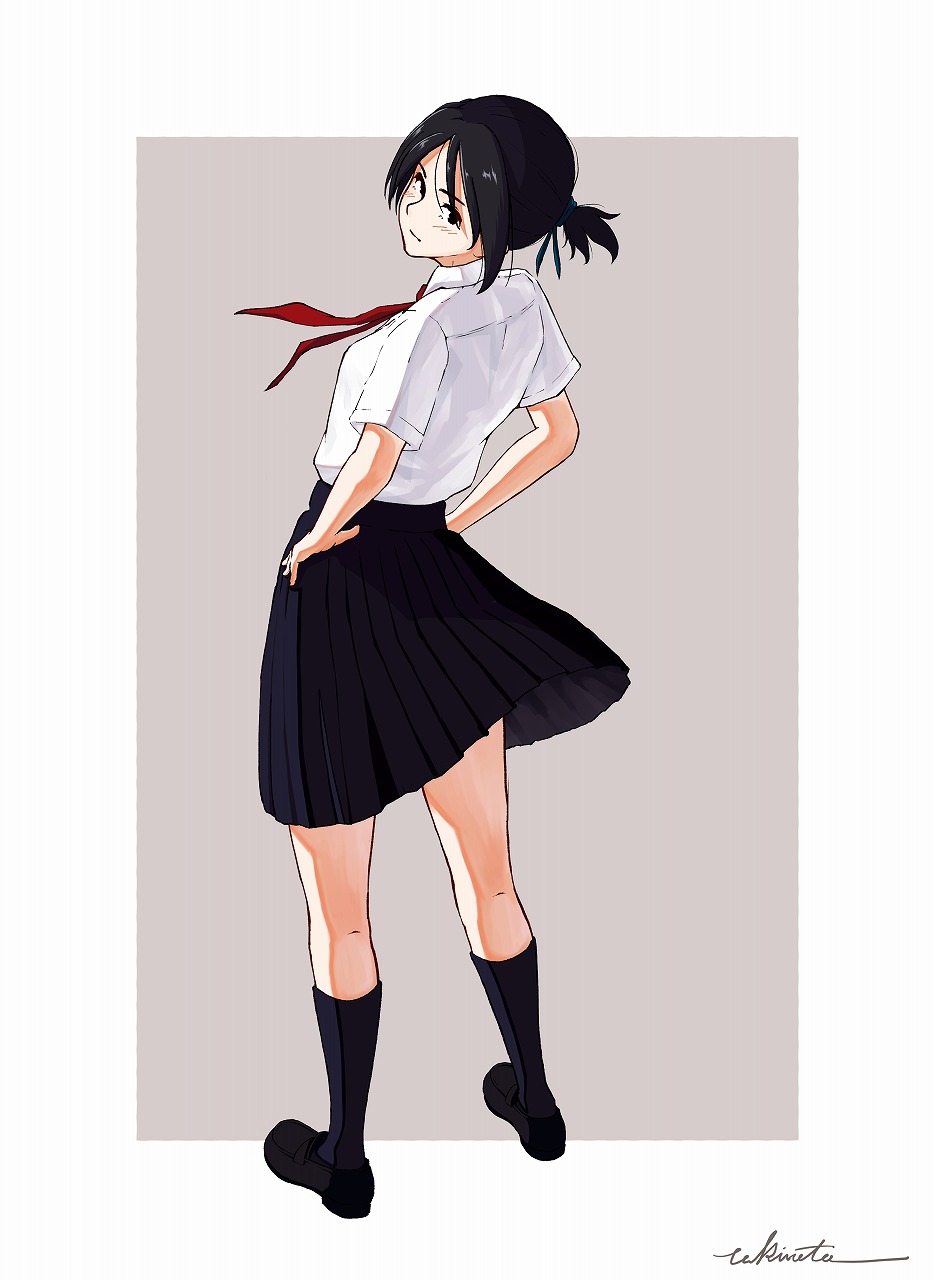 1girl, black_hair, from_behind, highres, looking_back, miniskirt, original, school_uniform