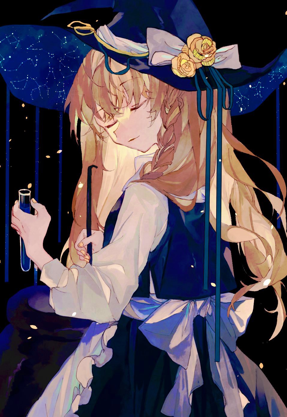 apron, black_dress, blonde_hair, blue_ribbon, bow, braid, closed_eyes, constellation