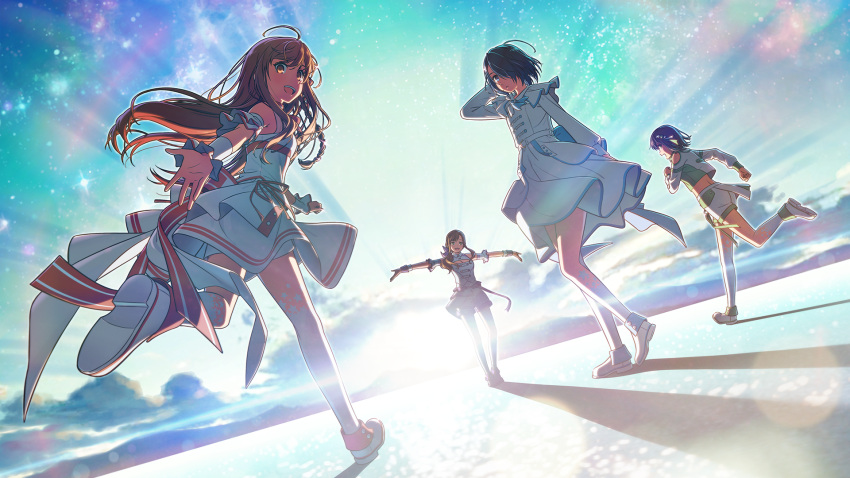4girls, ahoge, arm_cuffs, black_hair, blue_eyes, blurry, brown_hair, clouds