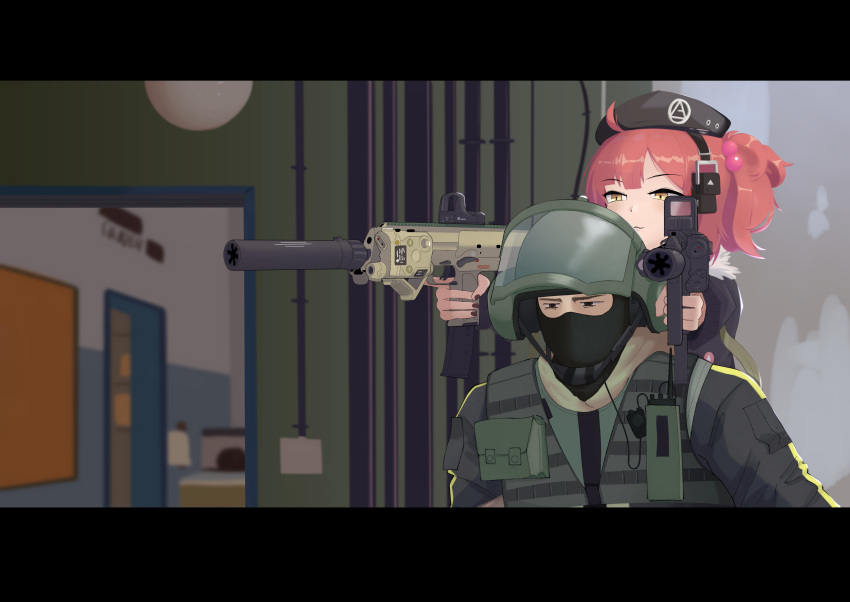 1boy, 1girl, absurdres, ahoge, bandit_(rainbow_six_siege), beret, carrying, crossover, dual_wielding, expressionless, girls_frontline, gun, h&amp;k_mp7, hat, highres, holding, mp7_(girls_frontline), piggyback, rainbow_six_siege, red_nails, redhead, reflex_sight, short_hair, side_ponytail, submachine_gun, suppressor, trigger_discipline, weapon, weapon_connection, yellow_eyes, yonao