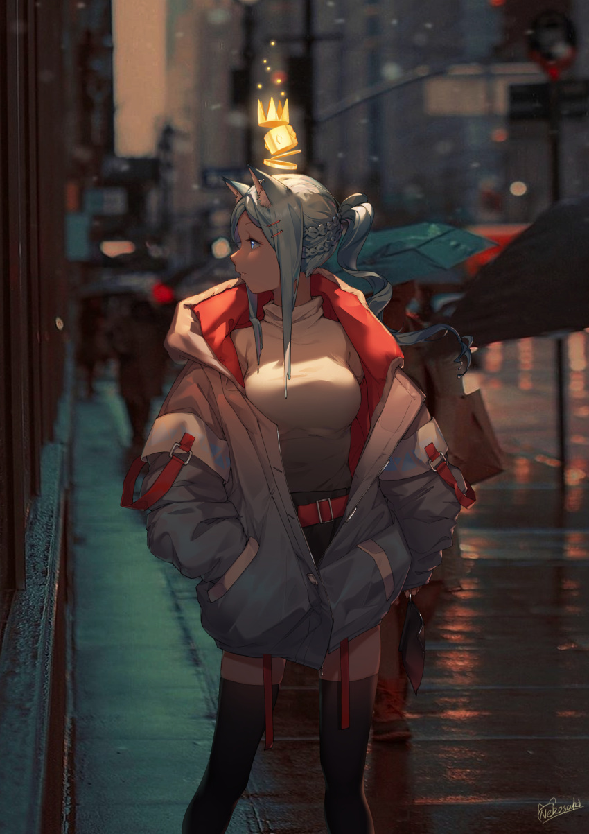 1girl, absurdres, animal_ear_fluff, animal_ears, belt, black_legwear, blue_eyes, blurry, blurry_background, braid, breasts, contrapposto, crown, depth_of_field, ear_piercing, french_braid, grey_jacket, hair_ornament, hairclip, hands_in_pockets, highres, jacket, jiliang_jiying_yumao, large_breasts, liquid_hair, long_hair, nyatsuki_(virtuareal), outdoors, parted_lips, piercing, ponytail, profile, red_belt, shirt, sidelocks, skindentation, solo, standing, thigh-highs, two-sided_fabric, two-sided_jacket, virtuareal, wet, wet_hair, white_shirt