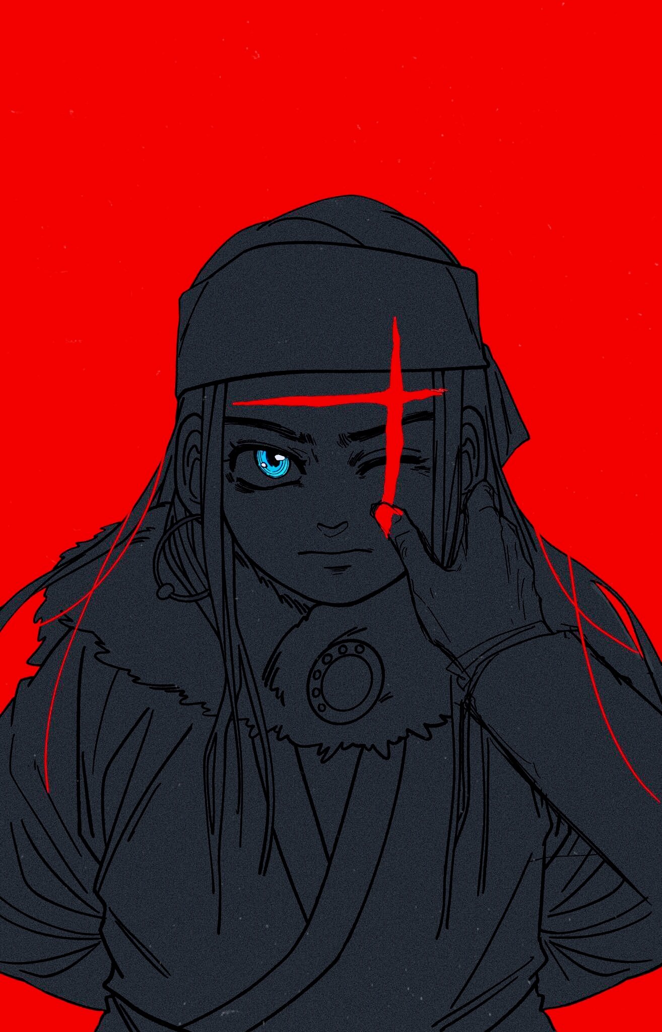 1girl, ainu, ainu_clothes, asirpa, blood, blood_on_face, blue_eyes, cape, cosplay, earrings, fur_cape, golden_kamuy, guaguapiu, highres, jewelry, long_hair, long_sleeves, looking_at_viewer, red_background, red_theme, scar, sketch, solo, spot_color, wilk_(golden_kamuy), wilk_(golden_kamuy)_(cosplay)