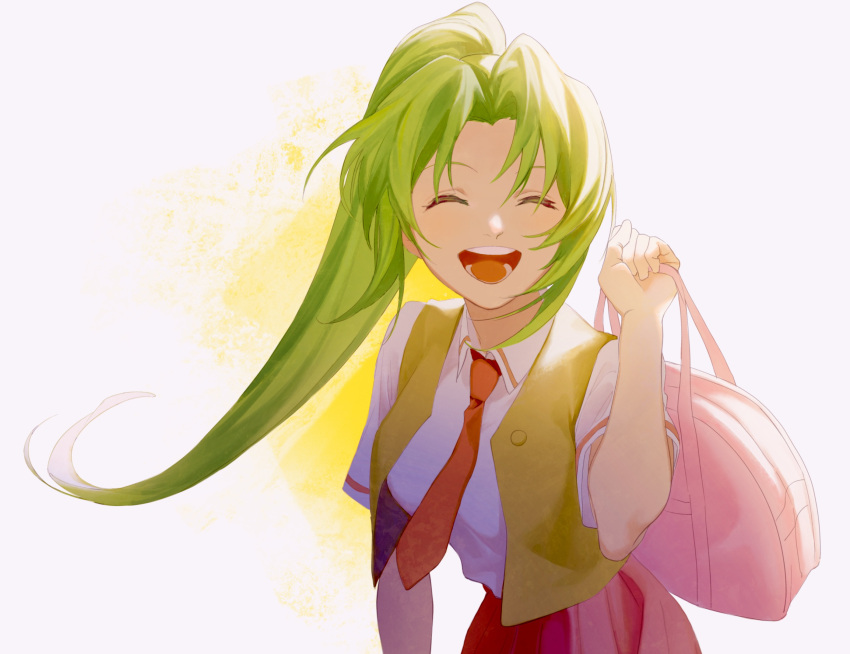 1girl, green_hair, highres, higurashi_no_naku_koro_ni, leaning_forward, long_hair, necktie, pink_bag