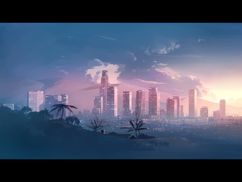 city, cityscape, house, landscape, letterboxed, los_angeles, palm_tree, real_world_location, seo_tatsuya, sky, skyscraper, sunset, tree