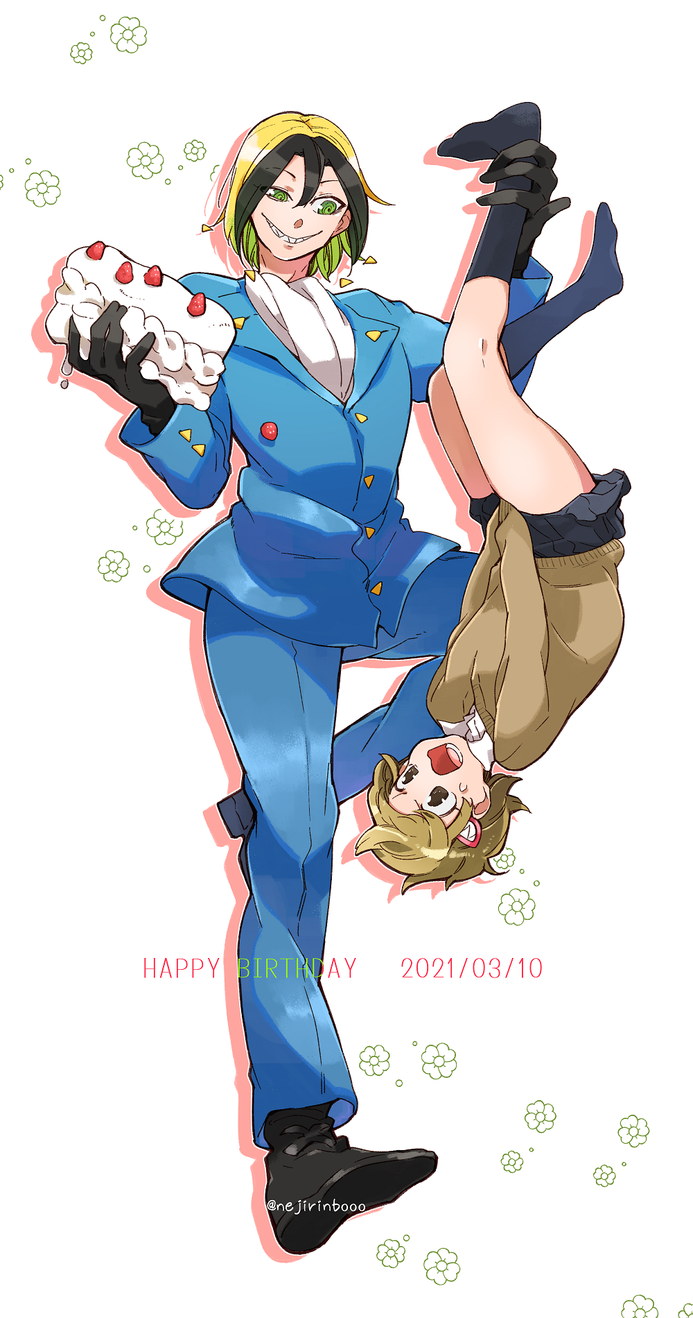1boy, 1girl, artist_name, birthday, birthday_cake, black_footwear, black_gloves, black_hair