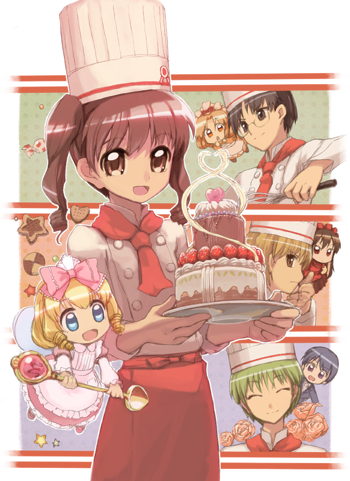 andou_sennosuke, brown_eyes, brown_hair, cafe_(yumeiro), cake, caramel_(yumeiro), chocolat_(yumeiro), drill_hair, fairy, food, hanabusa_satsuki, hat, kashino_makoto, kurobuta_gekkan, pastry, spoon, twintails, vanilla_(yumeiro), yumeiro_patissiere