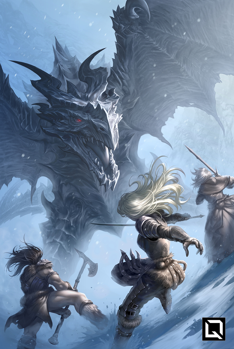 1girl, 2boys, alduin, armor, axe, battle, battle_axe, blonde_hair, boots, breastplate, brown_hair, dragon, fangs, fur_boots, horns, long_hair, mountain, multiple_boys, quirkilicious, red_eyes, robe, snow, sword, tagme, the_elder_scrolls, the_elder_scrolls_v:_skyrim, weapon, white_hair, wings