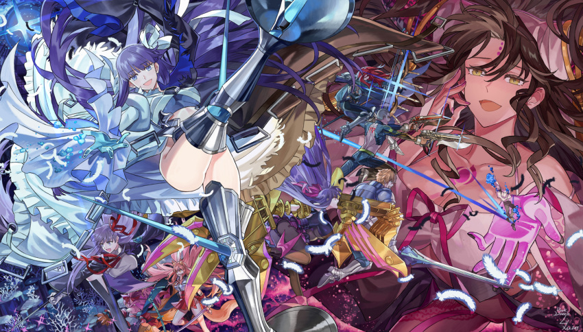 3boys, 6+girls, :d, armor, bb_(fate), bb_(fate)_(all), black_hair, black_legwear