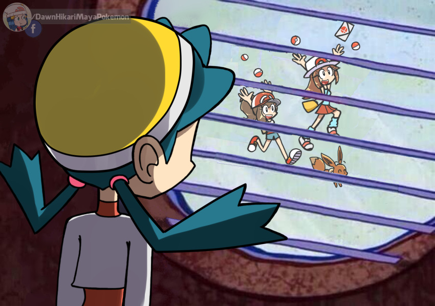 1other, 3girls, bag, cameo, comedy, creatures_(company), eevee, elaine_(pokemon)