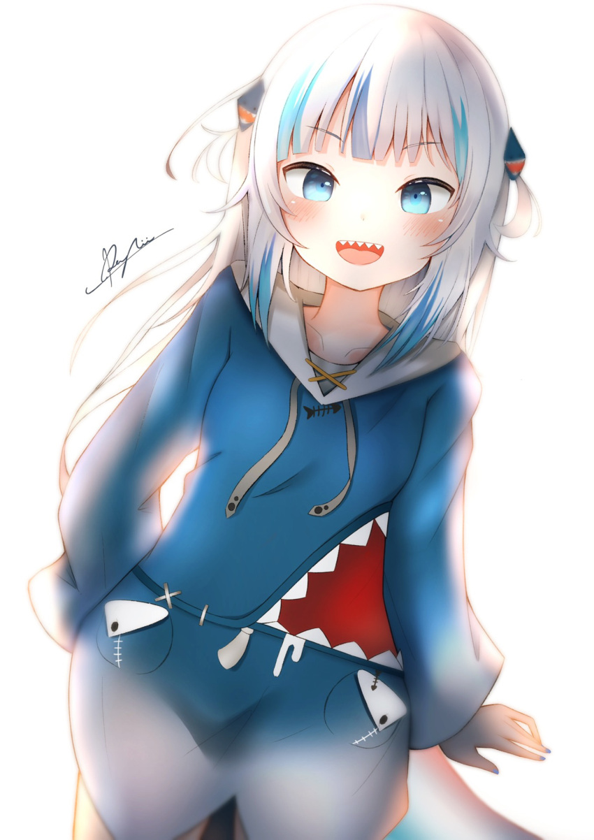 1girl, :d, animal_costume, bangs, blue_eyes, blue_hair, blue_hoodie, blunt_bangs