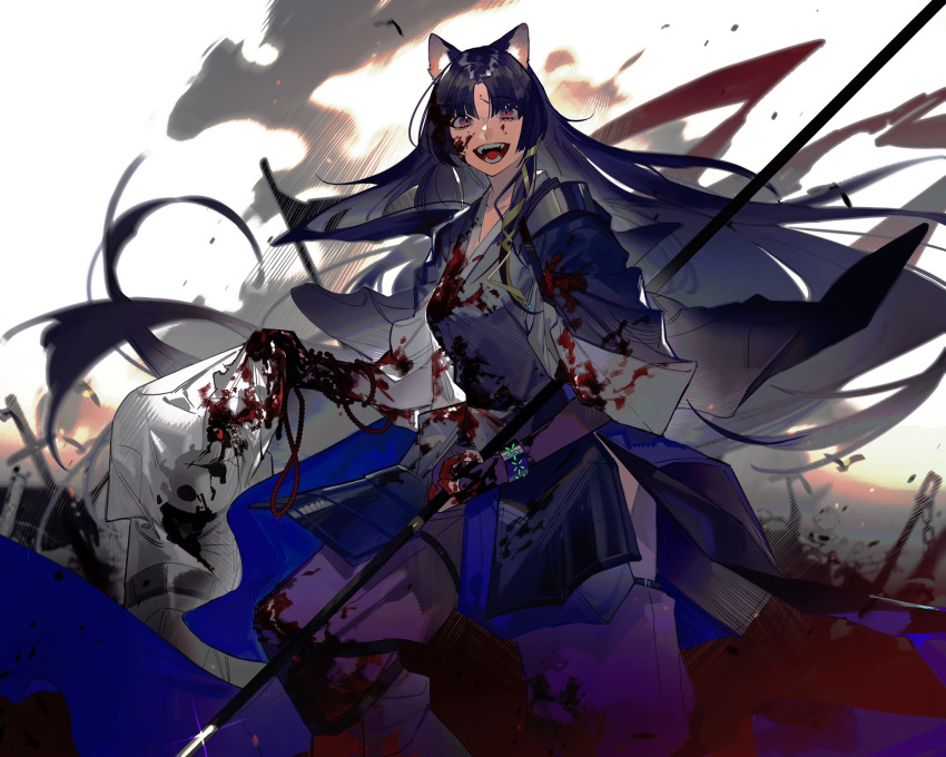1girl, animal_ears, arknights, beads, blood, blood_on_face, blood_splatter, bloody_clothes, bracelet, dog_ears, highres, holding, holding_weapon, jewelry, lirensheng, long_hair, monk, purple_hair, saga_(arknights), solo, very_long_hair, violet_eyes, weapon