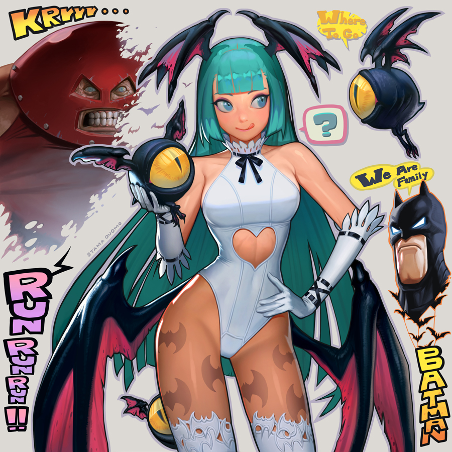 1girl, ?, animal_print, aqua_eyes, aqua_hair, bangs, bare_shoulders, bat_print, bat_wings, batman, batman_(series), blunt_bangs, breasts, clothing_cutout, cowboy_shot, demon_girl, english_text, etama_quomo, gloves, hand_on_hip, head_wings, heart_cutout, juggernaut_(x-men), leotard, licking_lips, long_hair, low_wings, medium_breasts, morrigan_aensland, pantyhose, print_legwear, smile, solo, speech_bubble, spoken_question_mark, tongue, tongue_out, vampire_(game), very_long_hair, white_gloves, white_leotard, wings, x-men