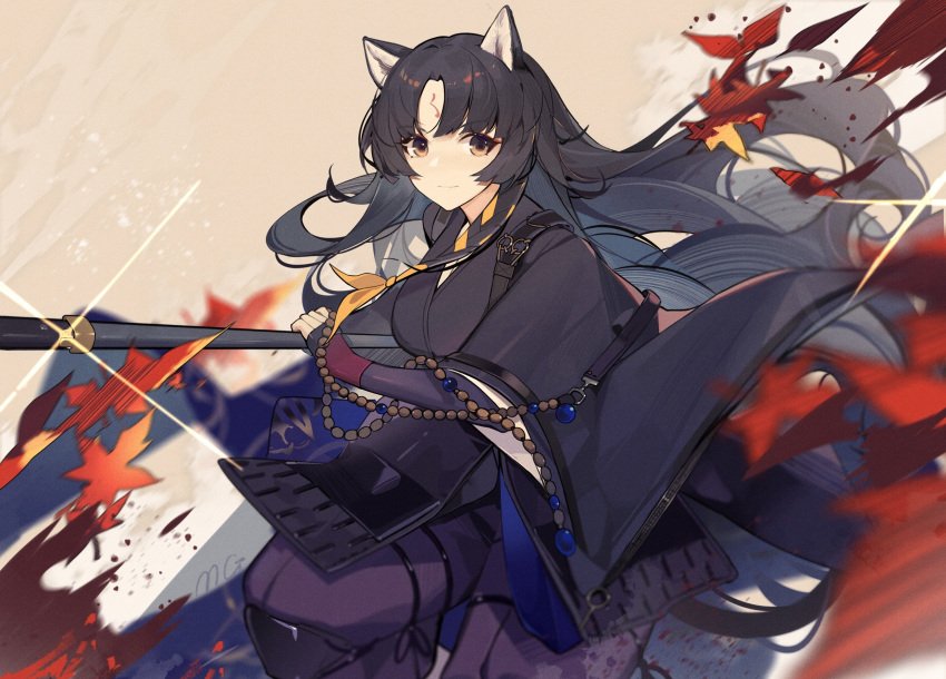 1girl, animal_ears, arknights, beads, black_hair, dog_ears, duplicate, highres