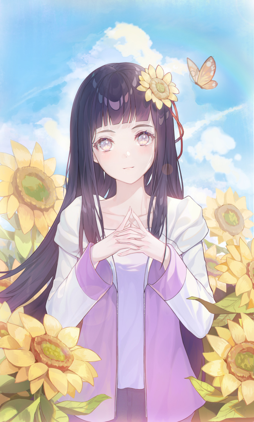 1girl, absurdres, bangs, black_hair, blue_sky, blunt_bangs, bug, butterfly