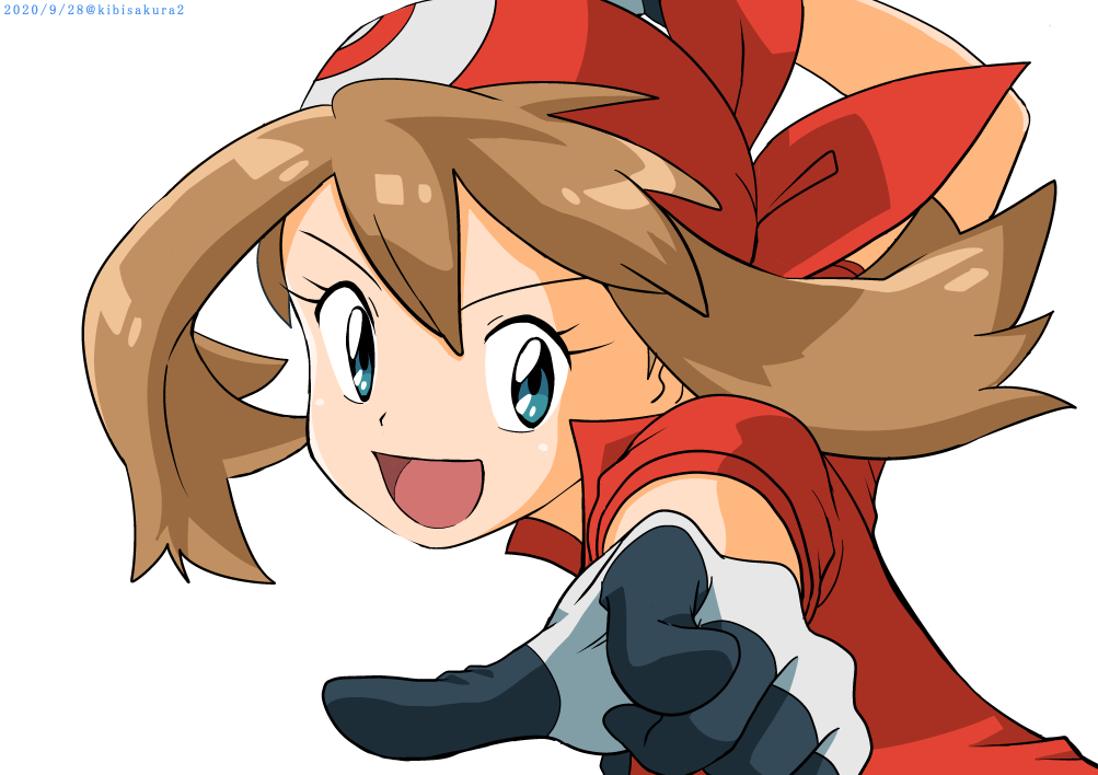 1girl, :d, arm_up, bangs, brown_hair, commentary_request, eyelashes, floating_hair