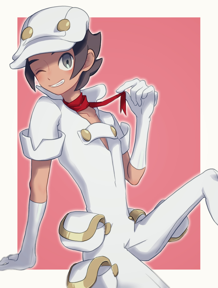 1boy, aether_foundation_employee, arm_support, brown_hair, clenched_teeth, collarbone, dark_skin, dark_skinned_male