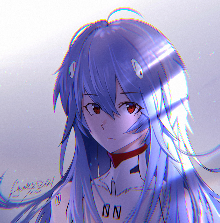 1girl, ahoge, alenx_kevin, alternate_hair_length, alternate_hairstyle, ayanami_rei, bangs, blue_hair
