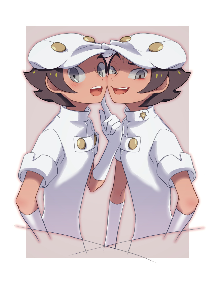 2boys, aether_foundation_employee, blush, brown_hair, commentary_request, gloves, grey_eyes, half-closed_eye, hat, highres, index_finger_raised, komurapk, looking_at_viewer, male_focus, multiple_boys, open_mouth, pokemon, pokemon_(game), pokemon_sm, short_hair, short_sleeves, smile, teeth, tongue, upper_body, white_gloves, white_headwear