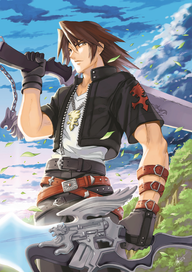 brown_eyes, brown_hair, dual_wielding, final_fantasy, final_fantasy_viii, gloves, gunblade, kingdom_hearts