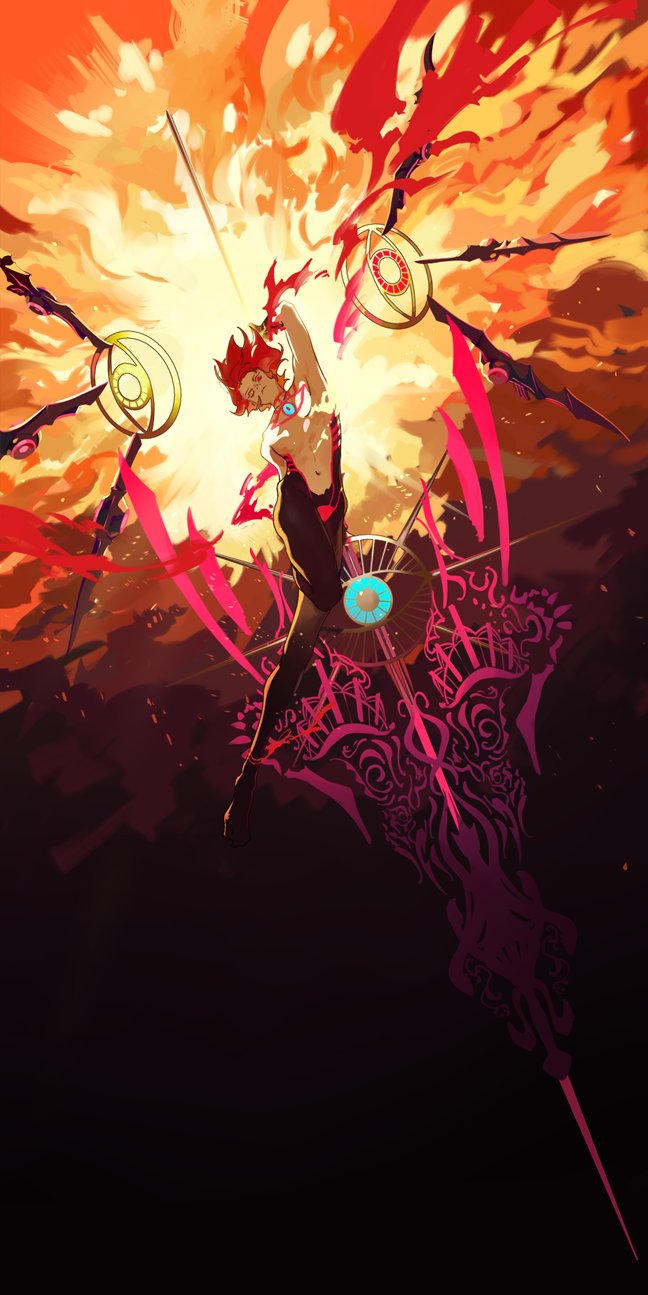 1boy, black_pants, detached_wings, fate/grand_order, fate_(series), fire, full_body, heterochromia