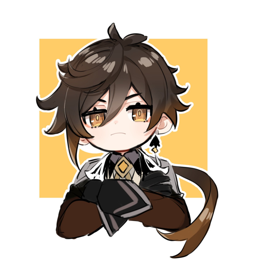 1boy, bangs, black_gloves, black_hair, brown_hair, chibi, closed_mouth, collared_shirt