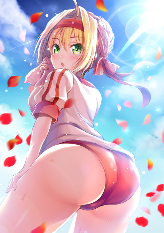 1girl, ahoge, ass, blonde_hair, blue_sky, braid, breasts, buruma