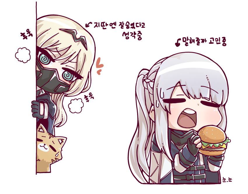 2girls, @_@, ak-12_(girls_frontline), an-94_(girls_frontline), bangs, black_gloves, blonde_hair, braid
