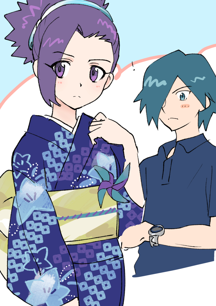 !, 1boy, 1girl, alternate_costume, blue_hairband, blush, closed_mouth, collared_shirt