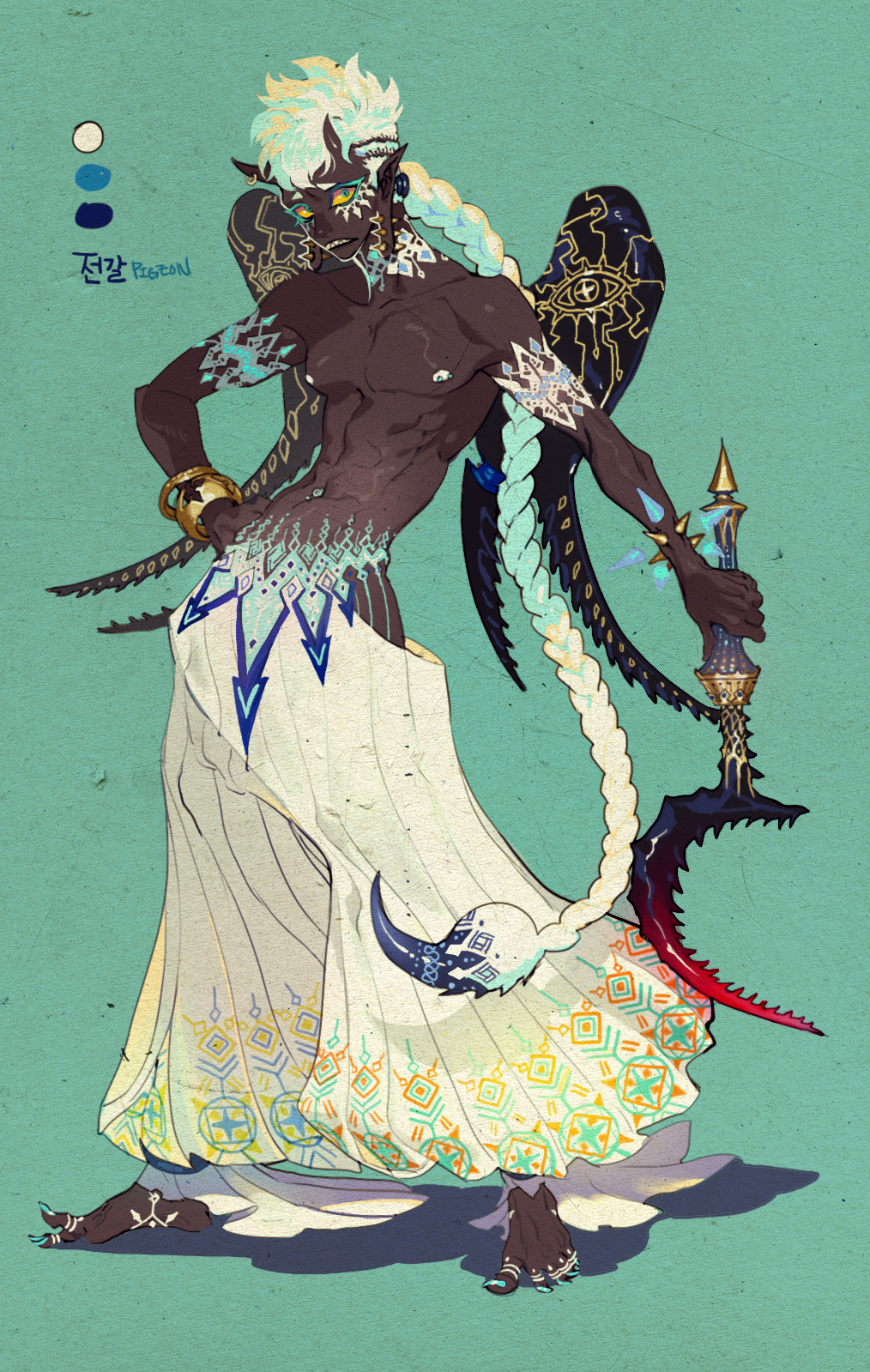 black_wings, blue_background, blue_eyes, blue_nails, bracelet, braid, color_guide, colored_sclera