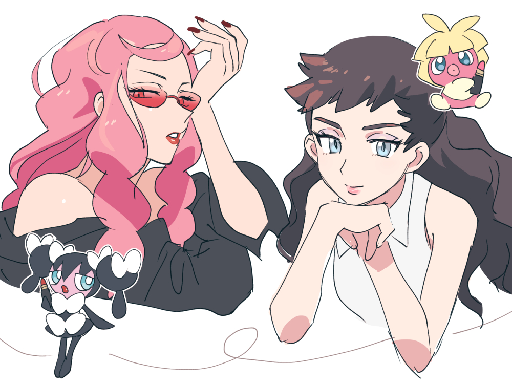 2girls, brown_hair, closed_mouth, commentary_request, cosmetics, diantha_(pokemon), elite_four, eyelashes