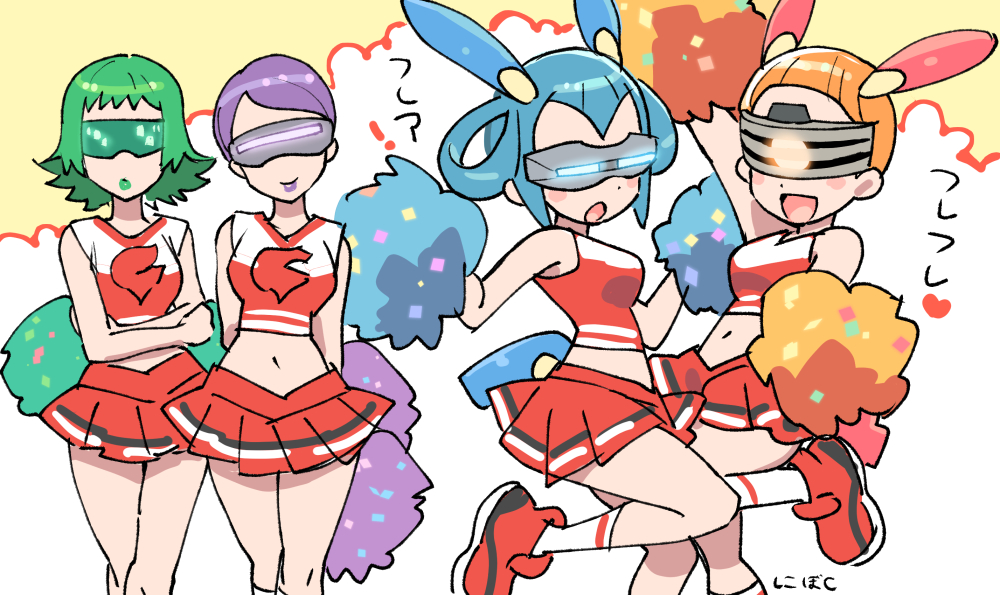 !, 4girls, :d, :o, aliana_(pokemon), animal_ears, arms_behind_back, blue_hair, blush_stickers, bryony_(pokemon), celosia_(pokemon), cheerleader, green_hair, green_lips, hair_rings, heart, holding, holding_pom_poms, lipstick, mable_(pokemon), makeup, minun, multiple_girls, navel, nibo_(att_130), open_mouth, orange_hair, plusle, pokemon, pokemon_adventures, pom_pom_(cheerleading), purple_hair, purple_lips, shirt, short_hair, skirt, smile, team_flare, tinted_eyewear, tongue, translation_request, visor